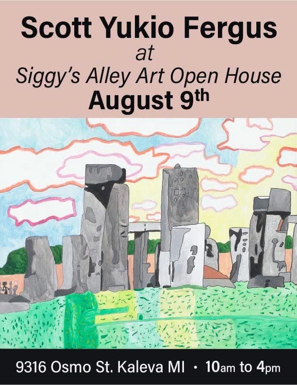 Flyer announcing art openhouse with abstract depiction of Stonehenge.