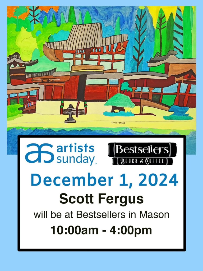 Flyer for art sale at Bestsellers. Cplorful painting of a Japanese temple among tall trees